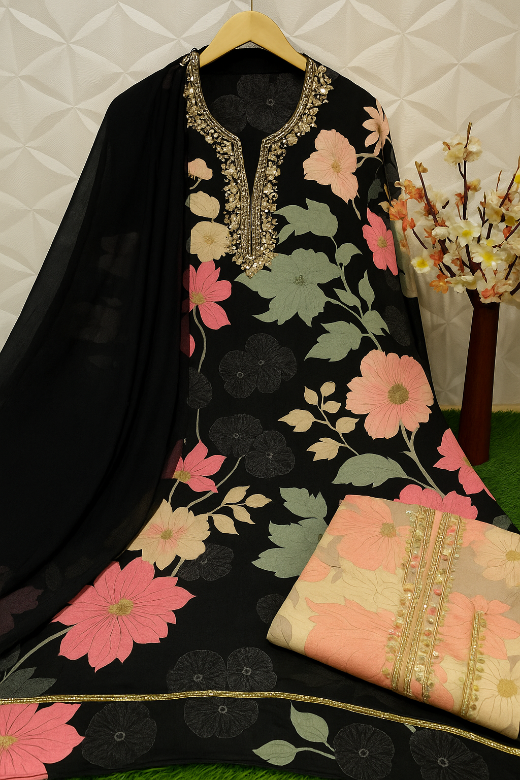 Elegant Floral Embroidered Rayon Suit