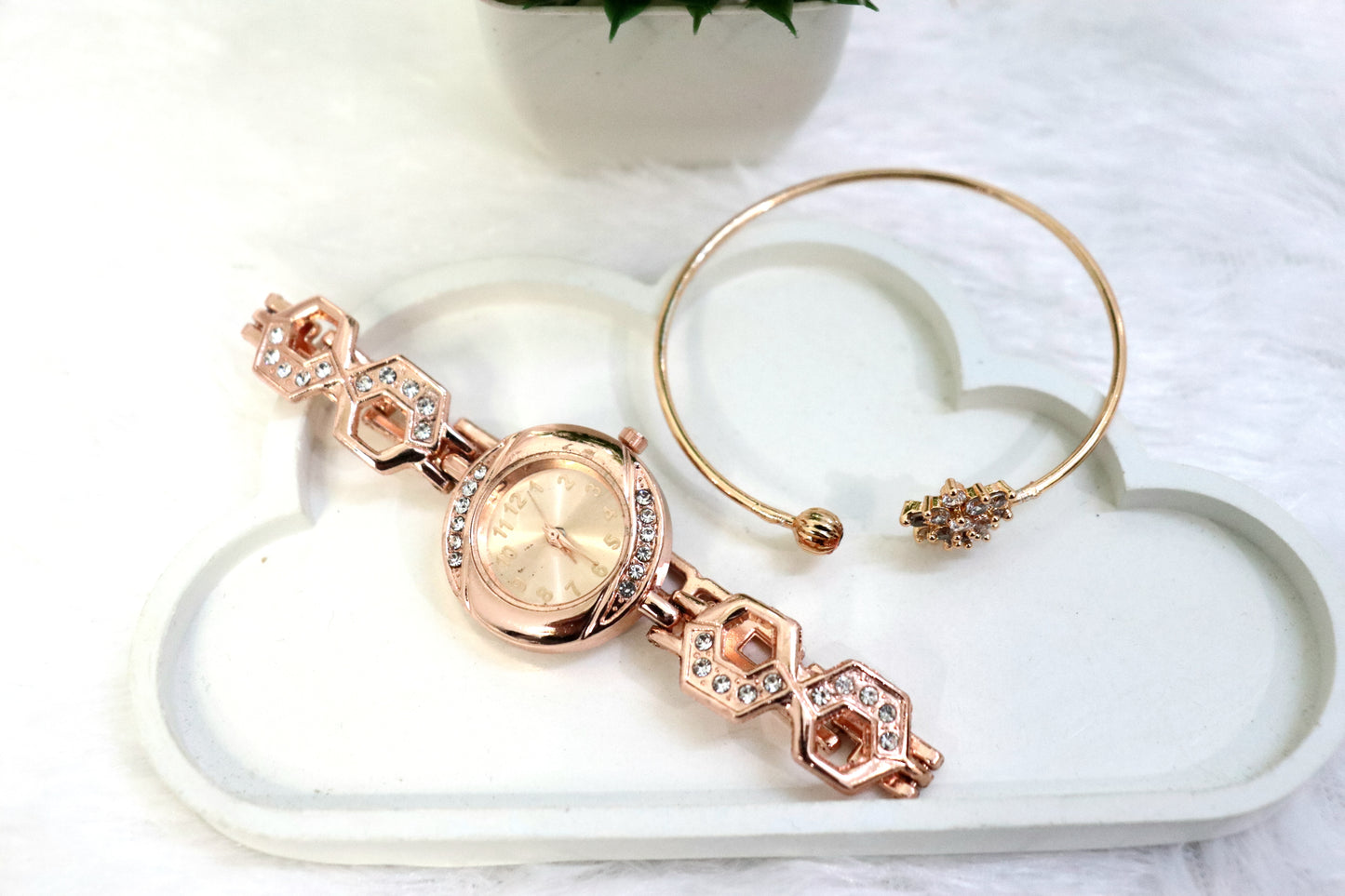 Elegant Rose Gold Watch and Bracelet Set with Crystal Detailing