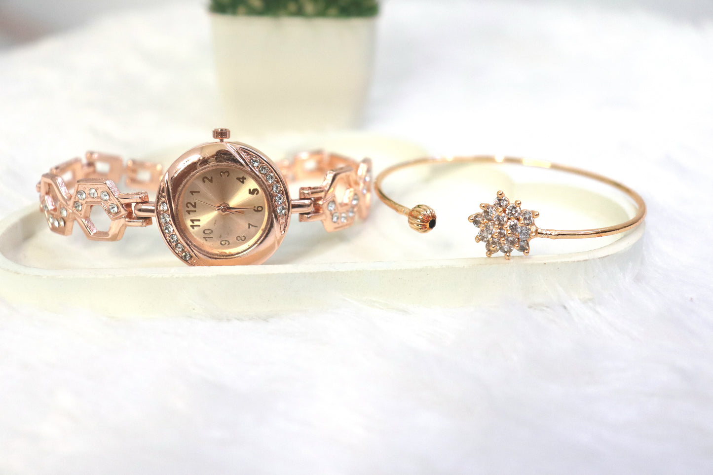 Elegant Rose Gold Watch and Bracelet Set with Crystal Detailing