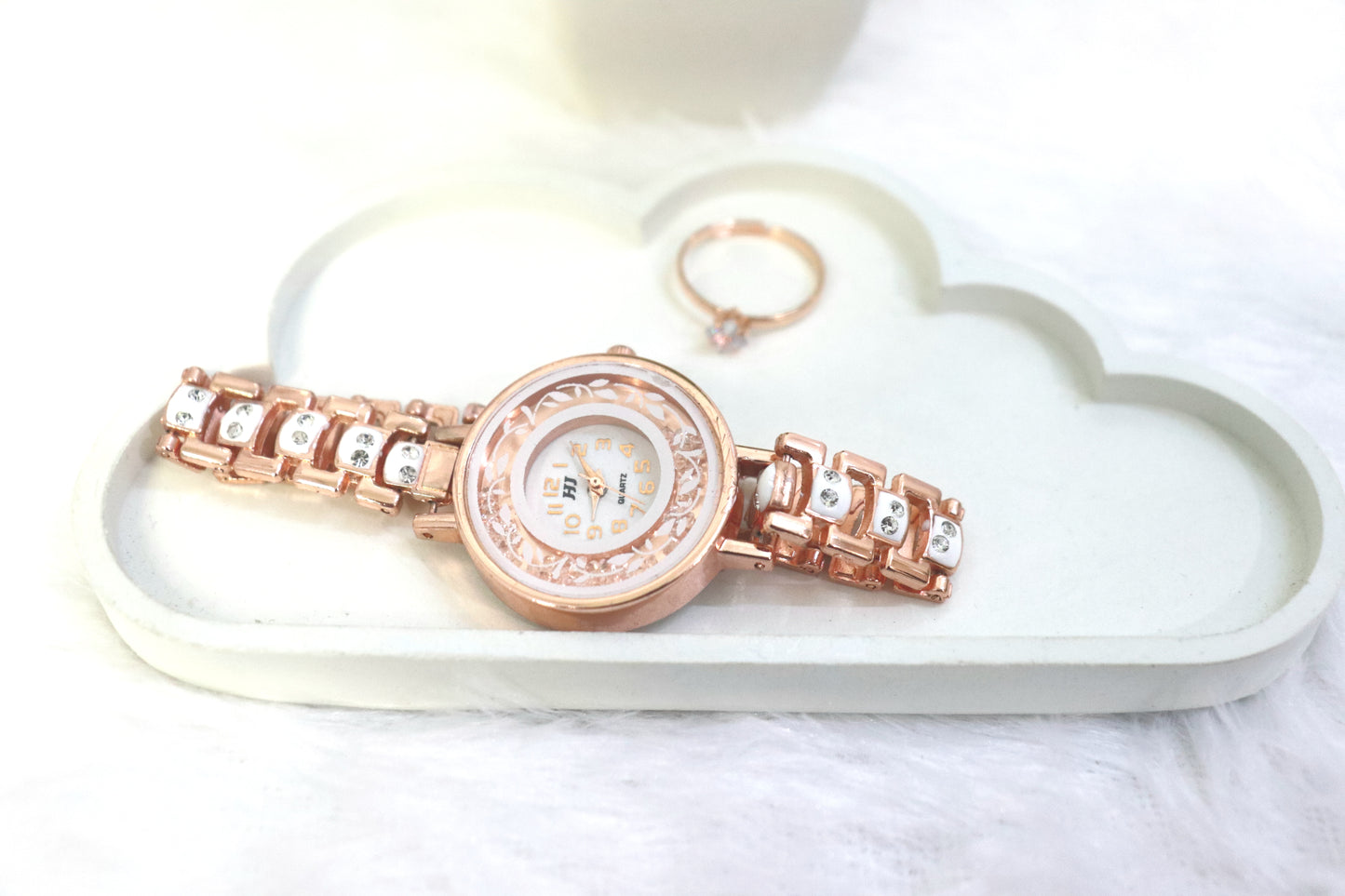 Luxury Rose Gold Watch with Crystal-Embellished Bracelet and Solitaire Ring