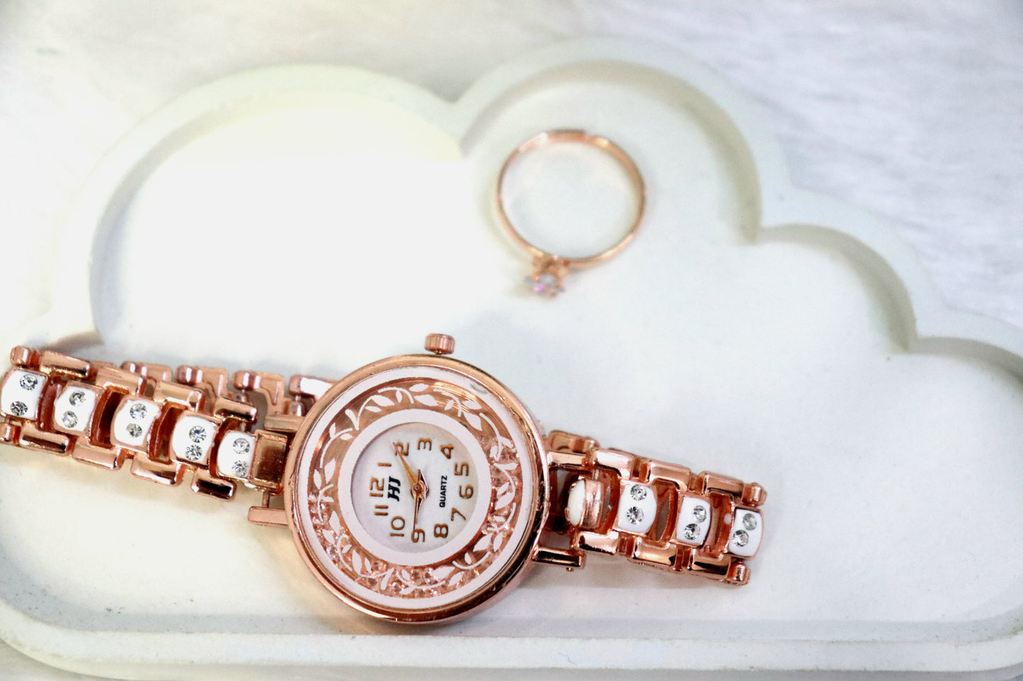 Luxury Rose Gold Watch with Crystal-Embellished Bracelet and Solitaire Ring