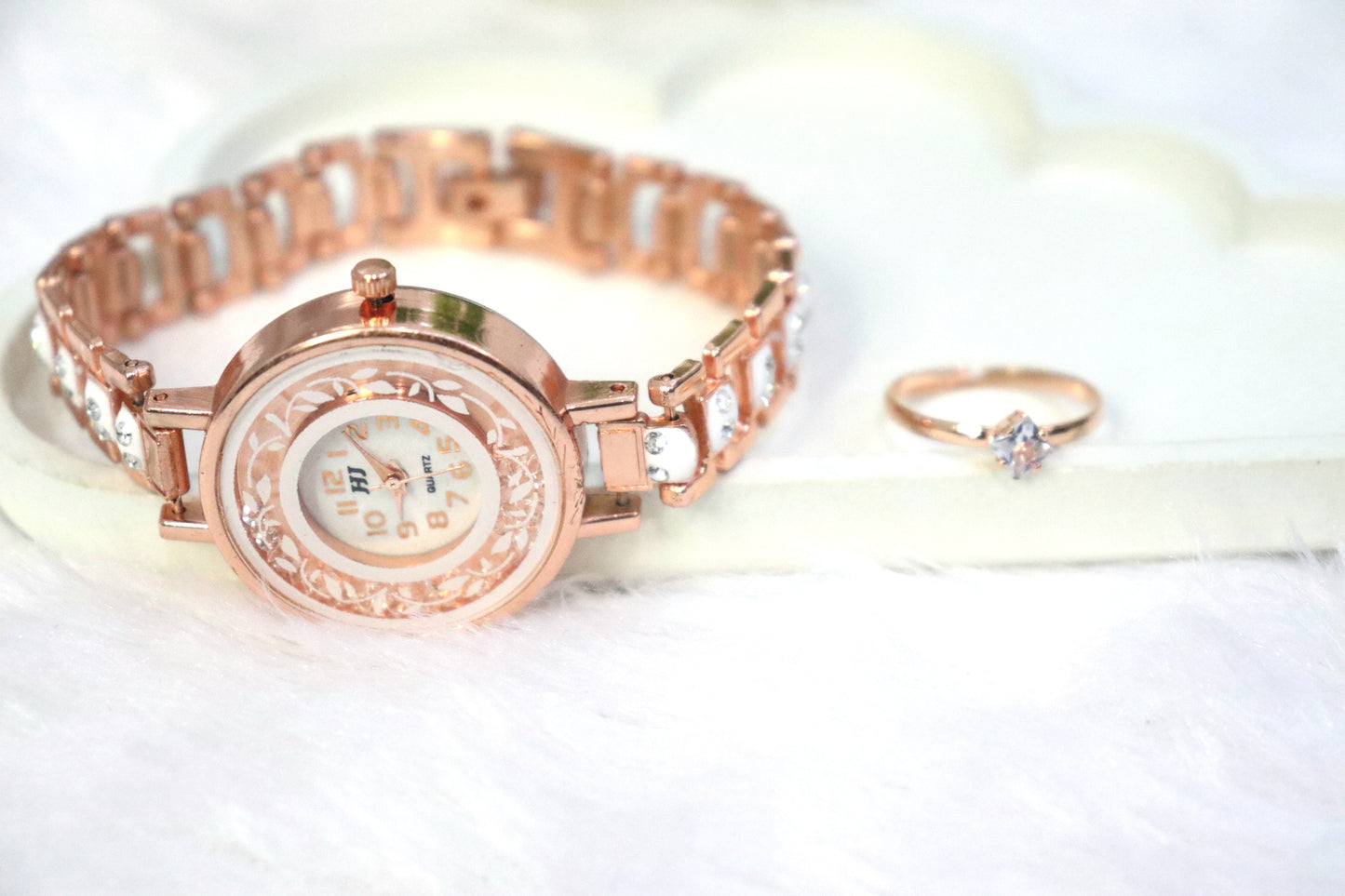 Luxury Rose Gold Watch with Crystal-Embellished Bracelet and Solitaire Ring