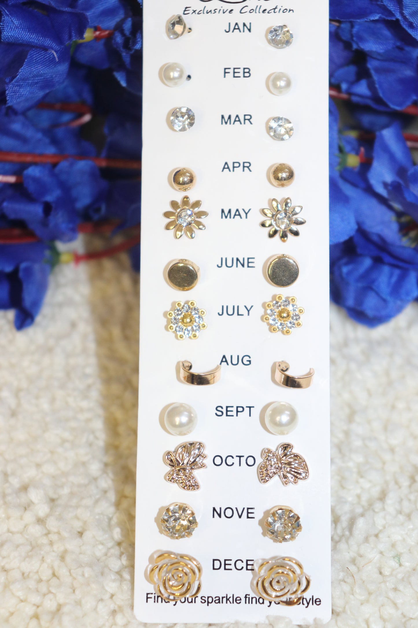 12-Pair Gold & Crystal Stud Earrings Set – Monthly Exclusive Collection