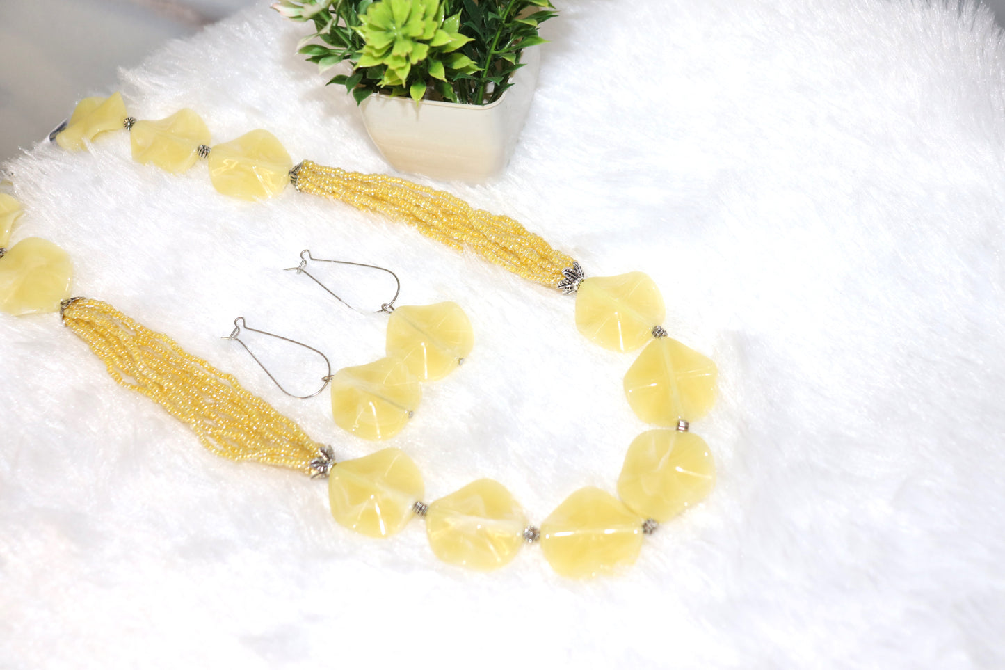 Yellow Beaded Statement Necklace Set