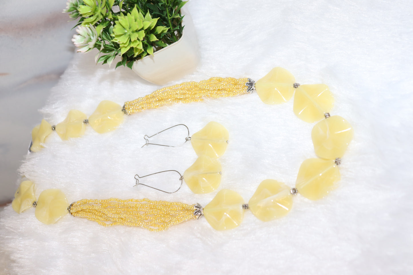 Yellow Beaded Statement Necklace Set