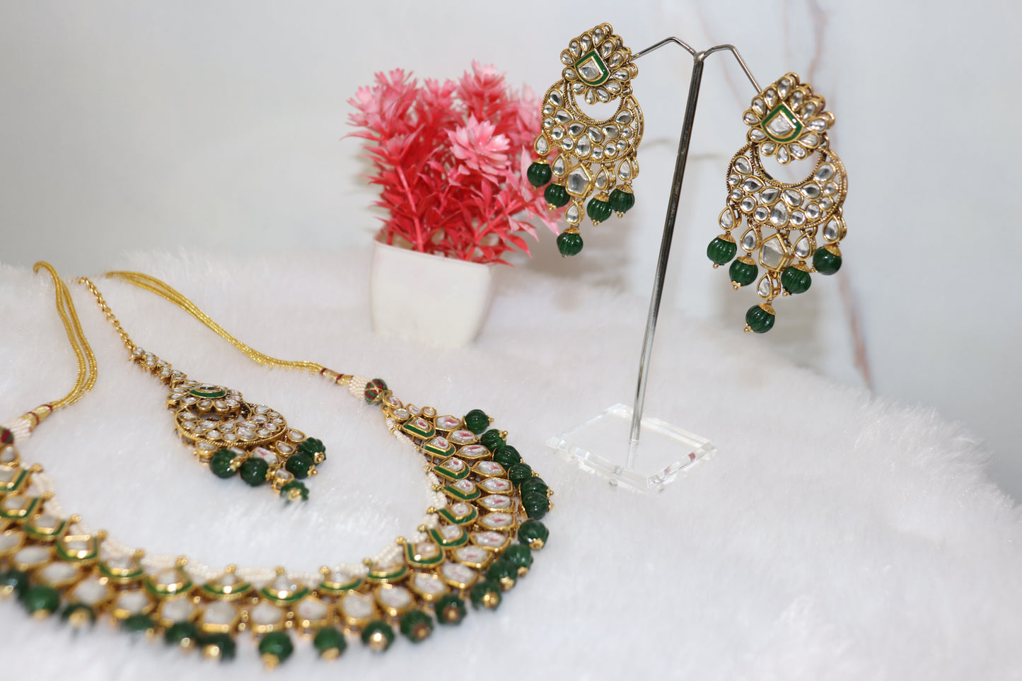 Royal Kundan & Emerald Green Beaded Necklace Set