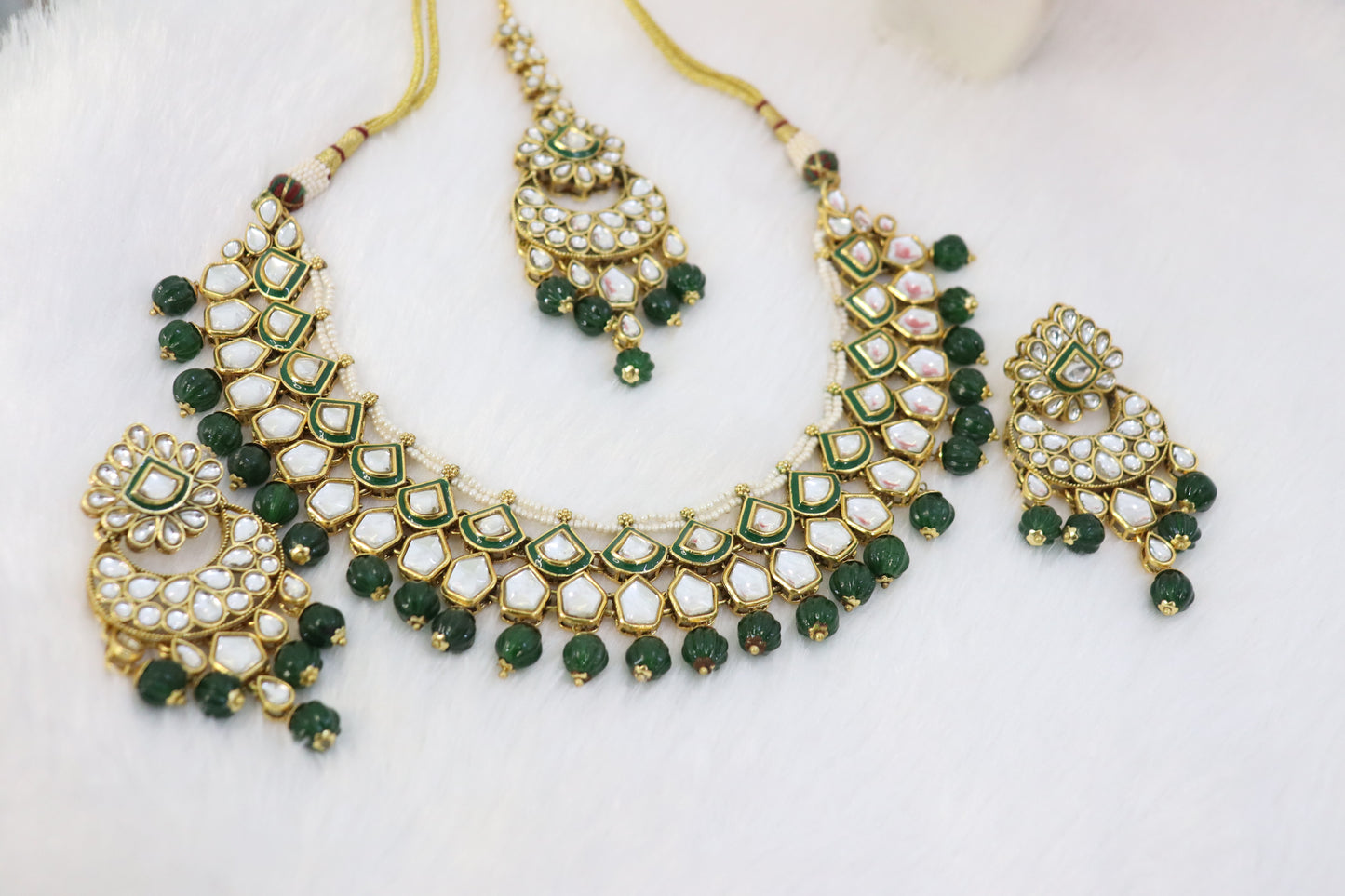 Royal Kundan & Emerald Green Beaded Necklace Set