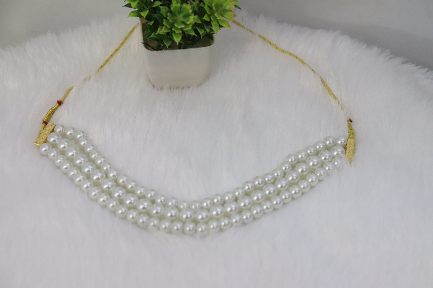Triple Layer Pearl Necklace with Adjustable Gold Dori