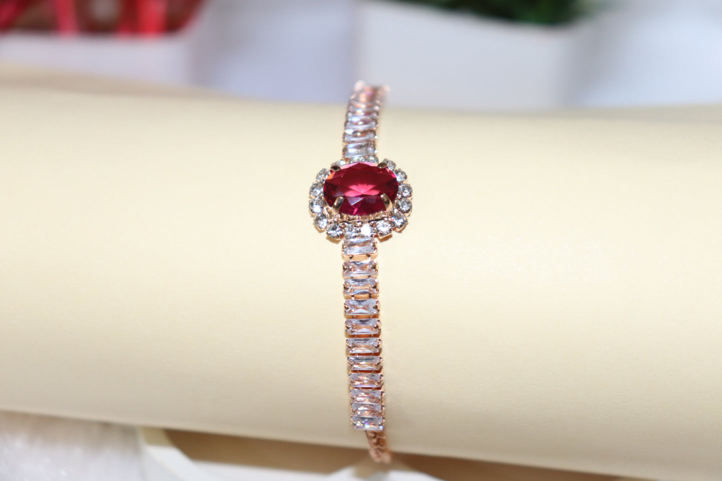 Ruby Red Stone Rose Gold Bracelet with CZ Accents