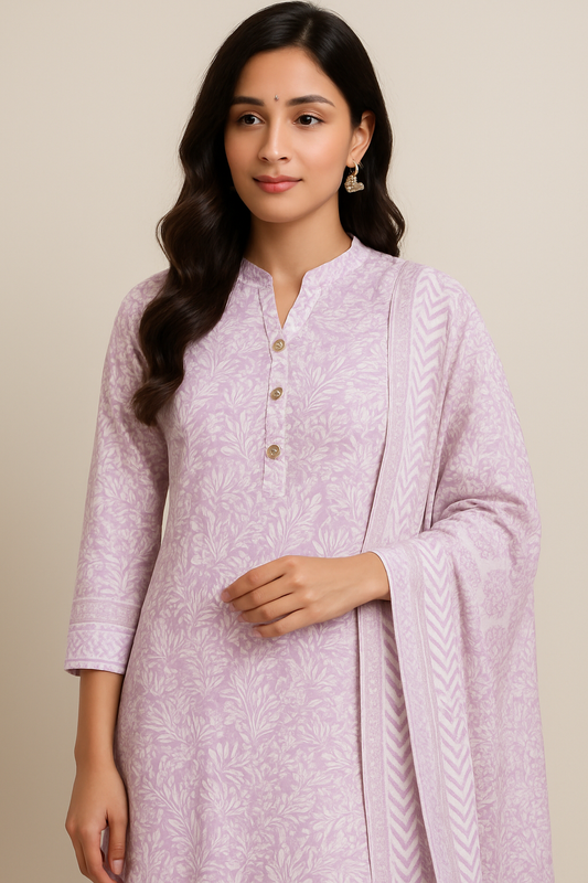 Cotton Suit Material – Lavender White Floral Print