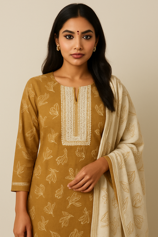 Elegant Earth-Toned Floral Unstitched Cotton Suit