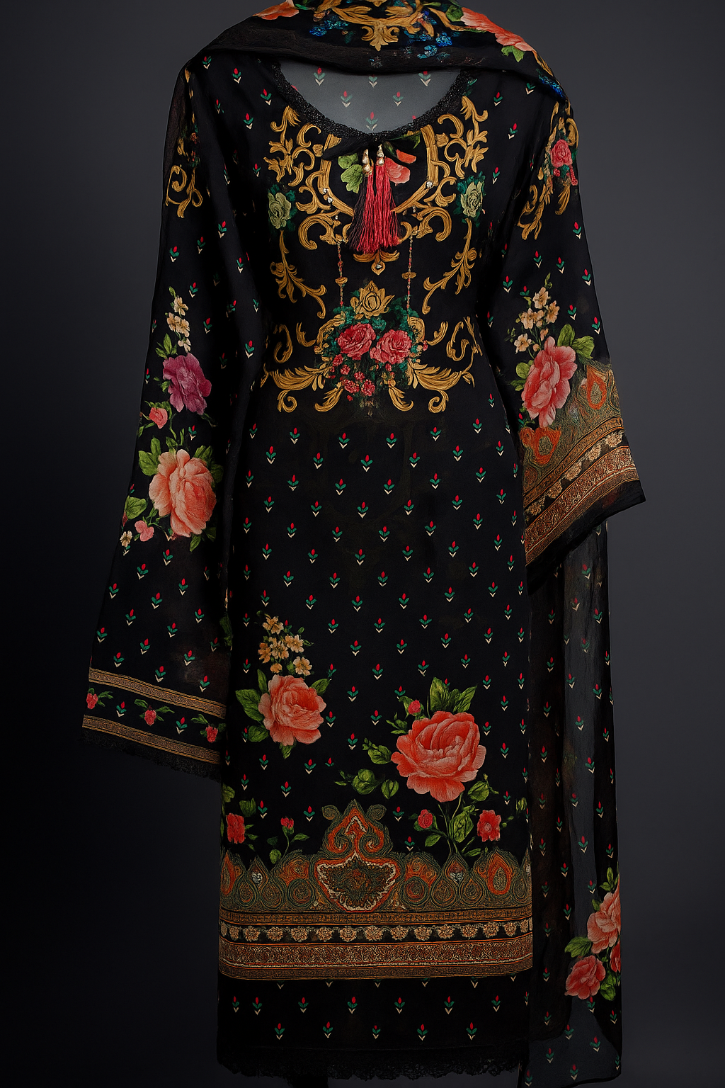 Midnight Bloom Semi-Stitched Viscose Organza Suit
