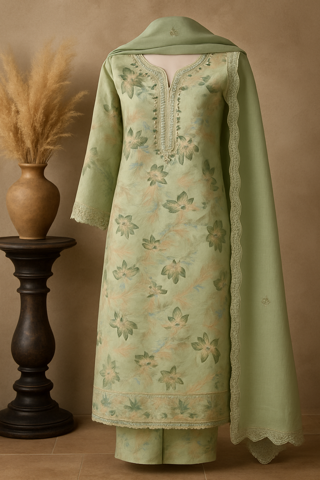 Sage Floral Embroidered Modal Suit