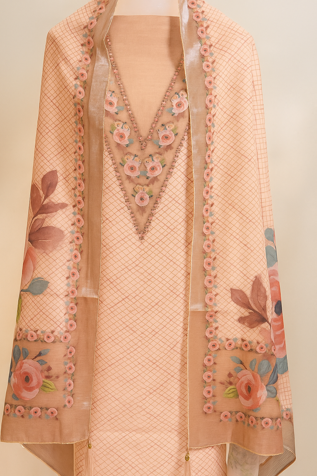 Elegant Floral Blue Lilen Unstitched Suit