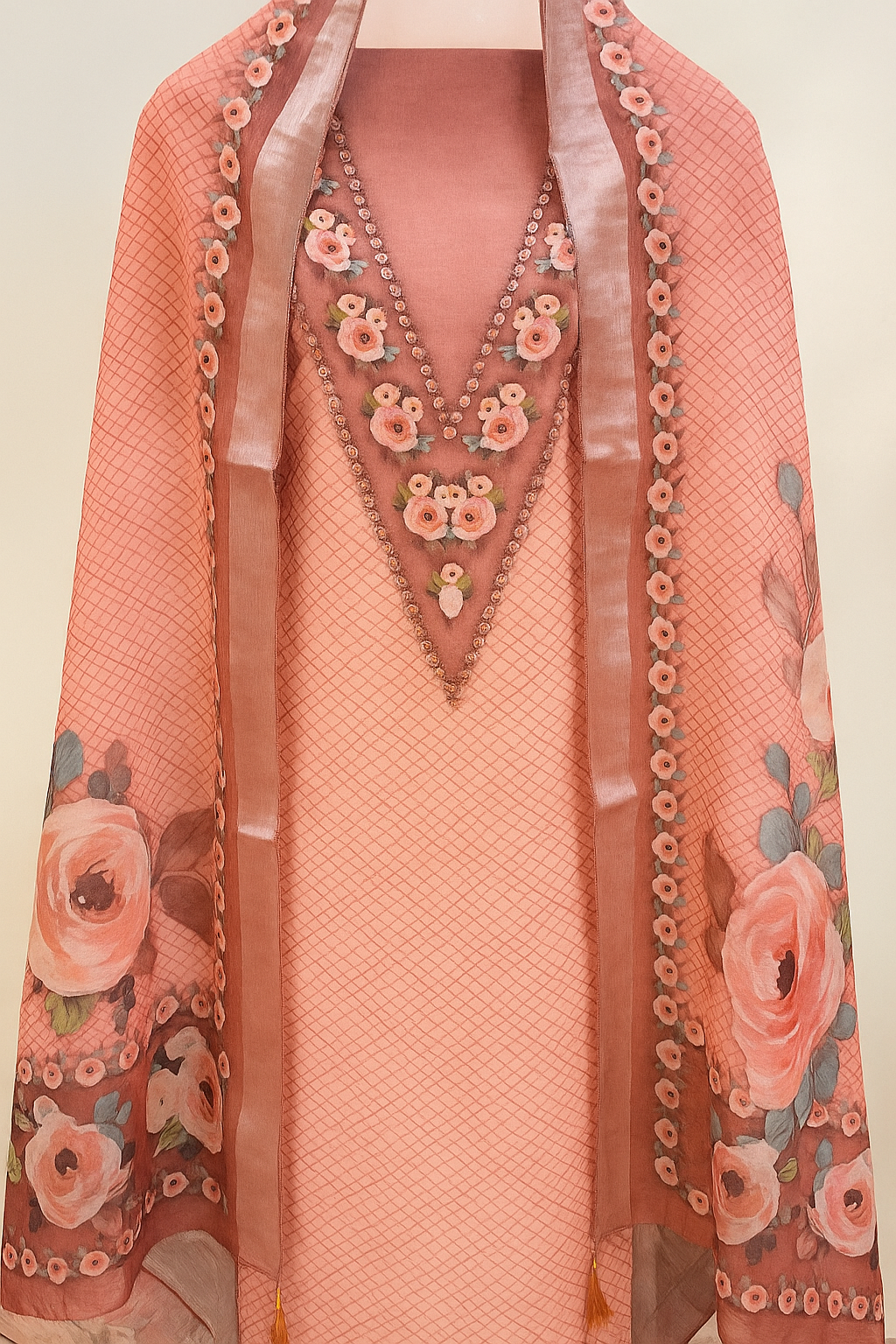 Elegant Floral Blue Lilen Unstitched Suit