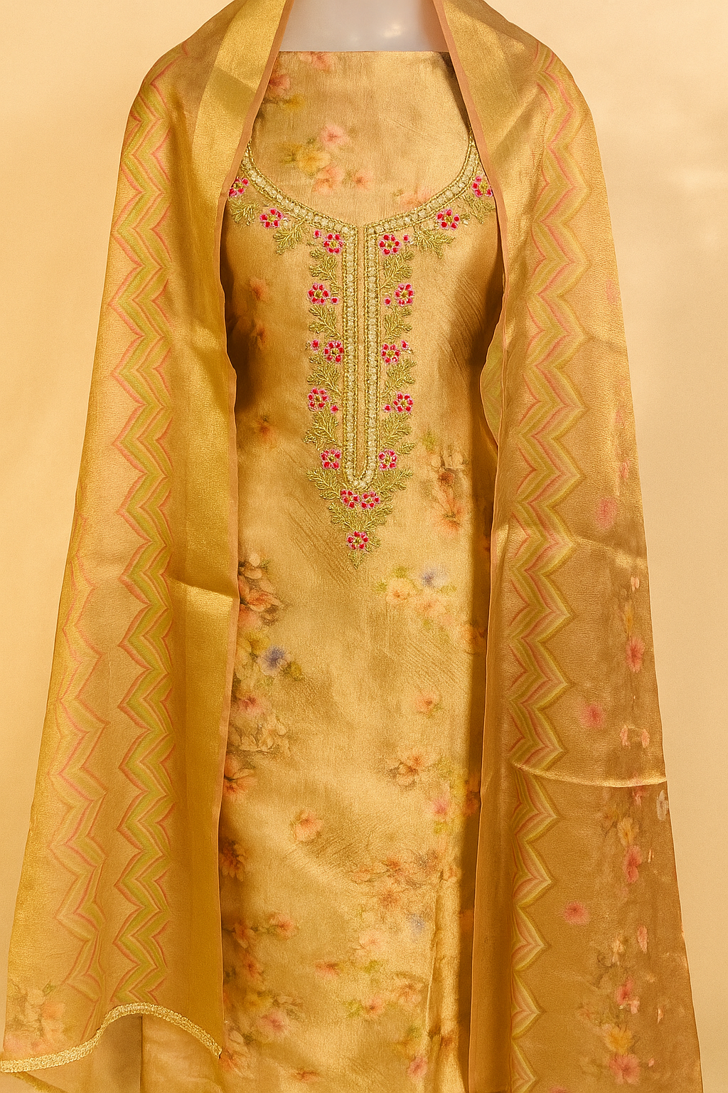 Elegant Floral Embroidered Chanderi Shimmer Suit