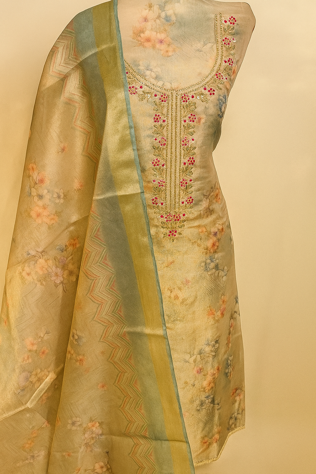 Elegant Floral Embroidered Chanderi Shimmer Suit