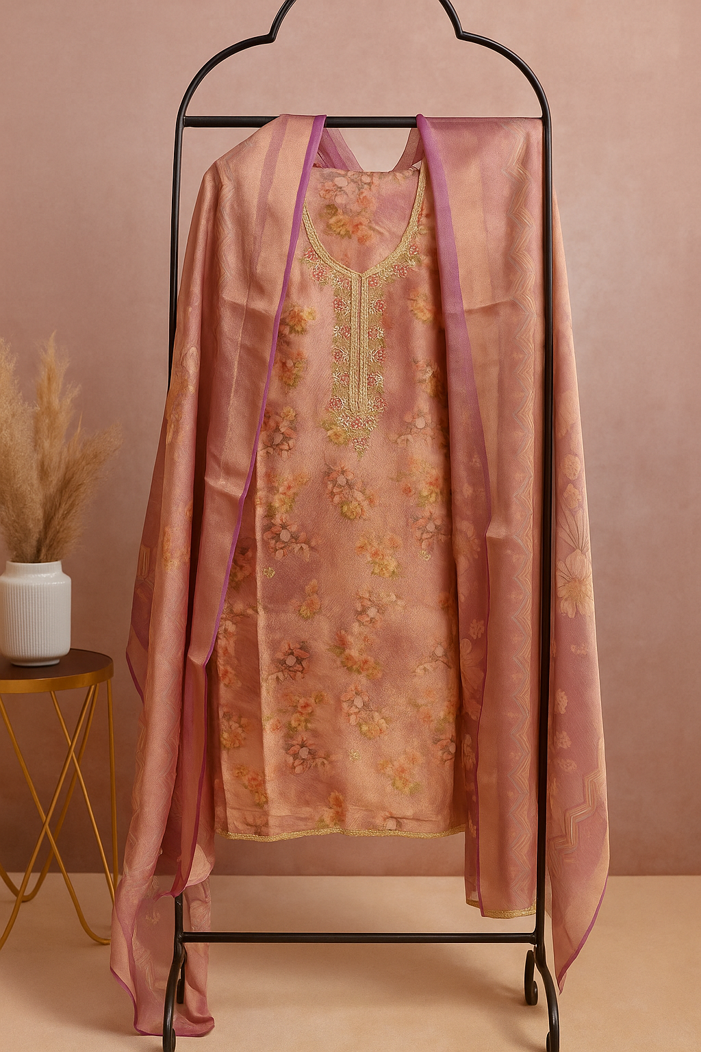 Elegant Floral Embroidered Chanderi Shimmer Suit