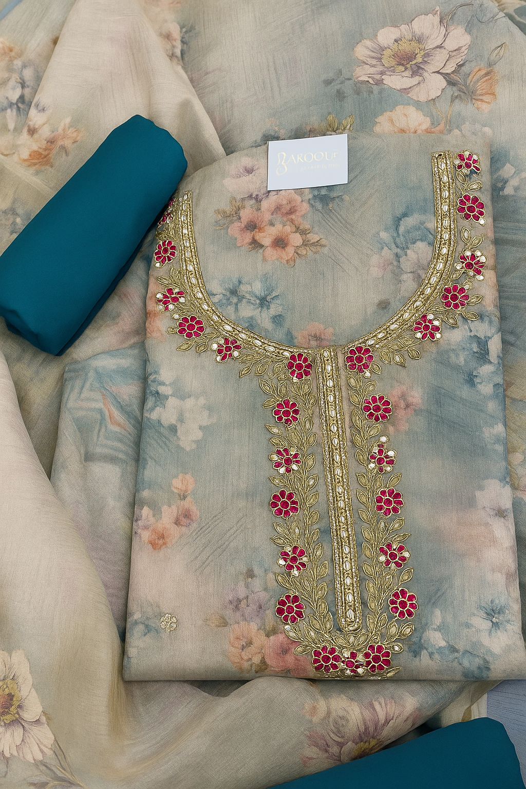 Elegant Floral Embroidered Chanderi Shimmer Suit