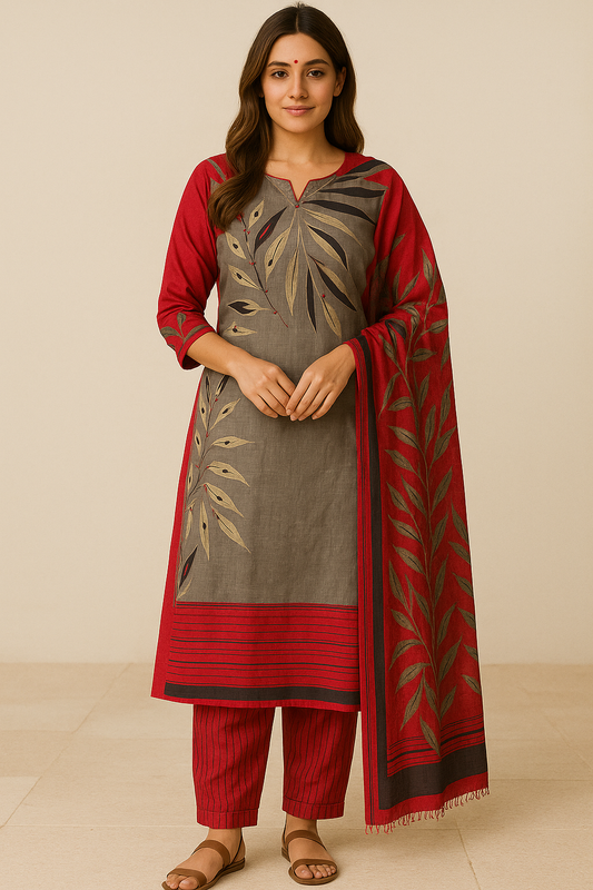 Elegant Grey Abstract Cotton Unstitched Suit Material
