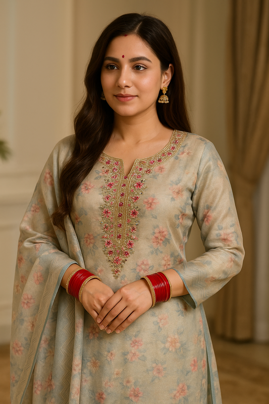 Elegant Floral Embroidered Chanderi Shimmer Suit