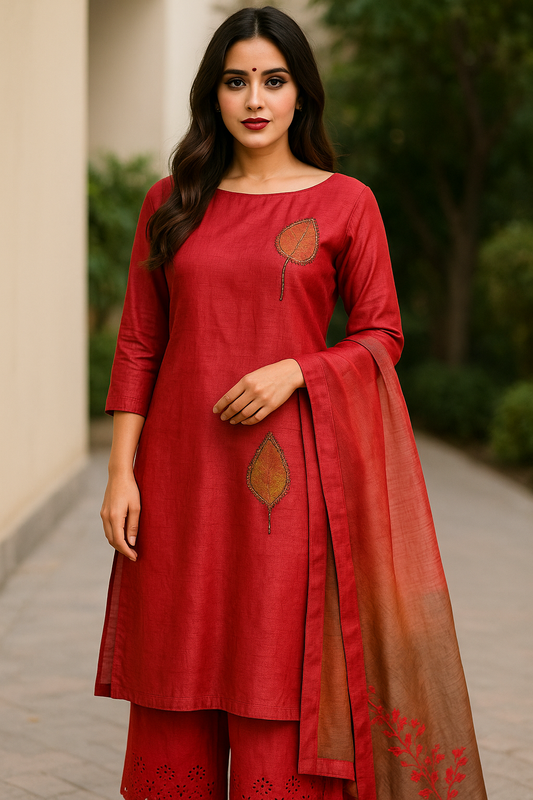Handcrafted Leaf Motif Chanderi Silk Suit
