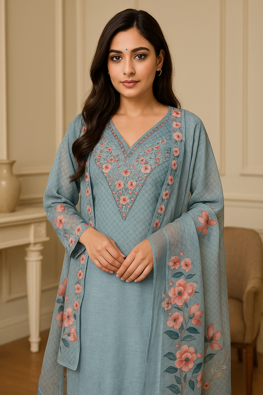 Elegant Floral Blue Lilen Unstitched Suit