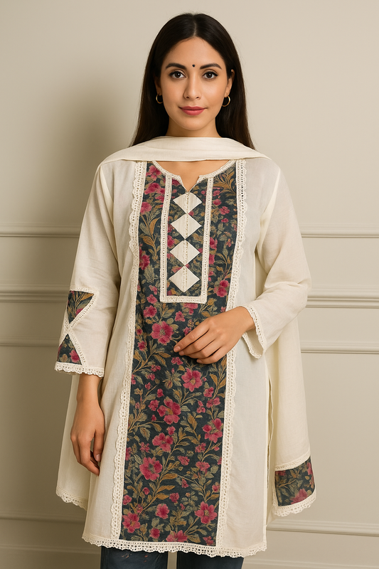 Elegant Noir Floral Pure Lilen Suit with Cotton Dupatta