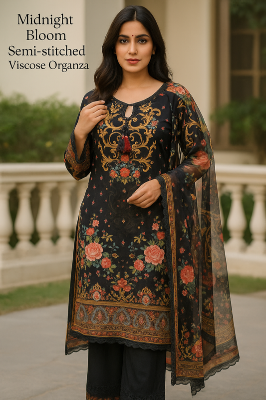 Midnight Bloom Semi-Stitched Viscose Organza Suit