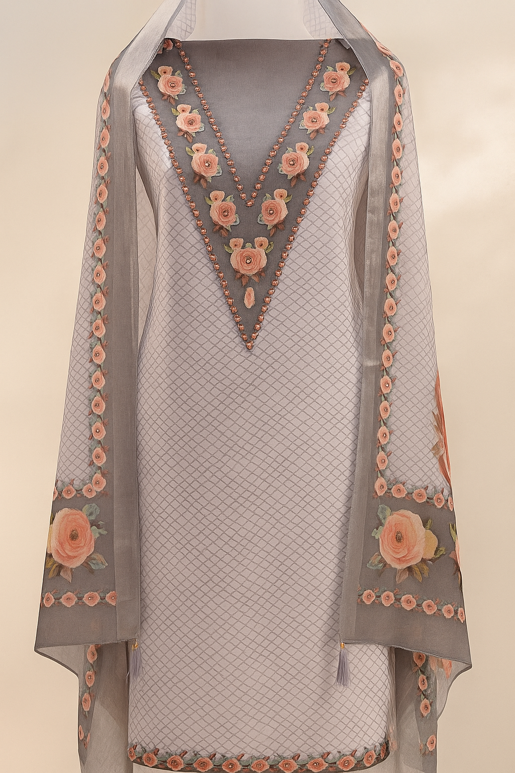 Elegant Floral Blue Lilen Unstitched Suit