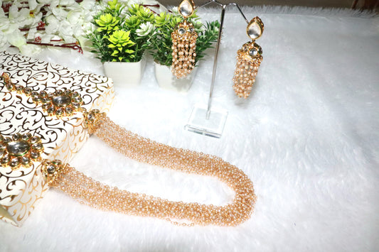 Gold-Plated Pearl Choker Necklace Set with Matching Long Earrings