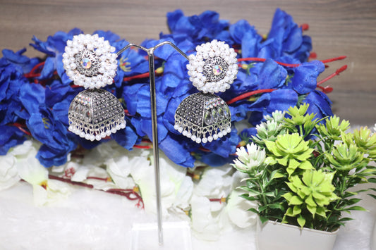 Elegant Oxidized Silver Pearl Jhumka Earrings