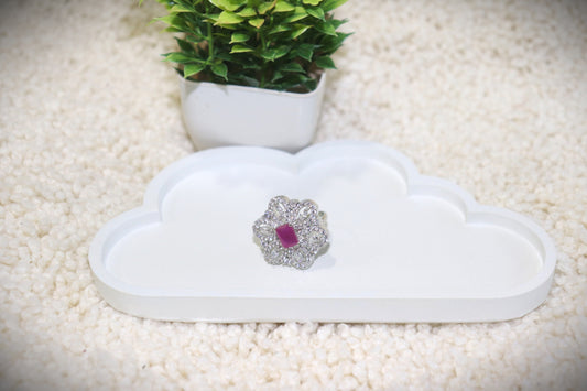 Royal Bloom Zircon Ring – Silver-Plated Statement Adjustable Cocktail Ring