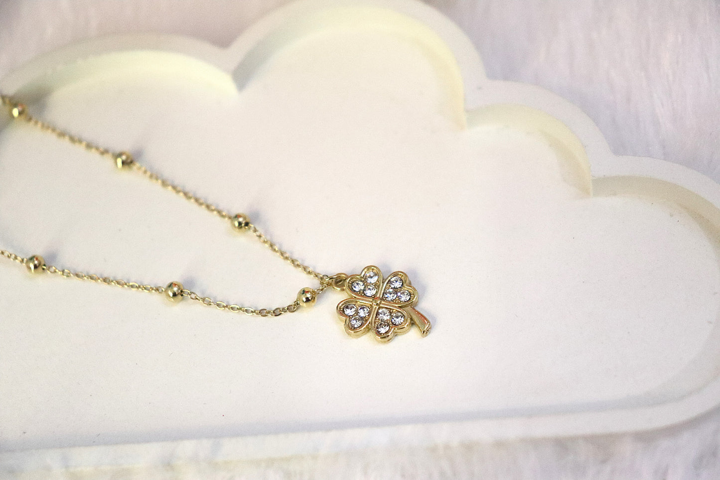Lucky Clover Gold Necklace with Sparkling Crystals