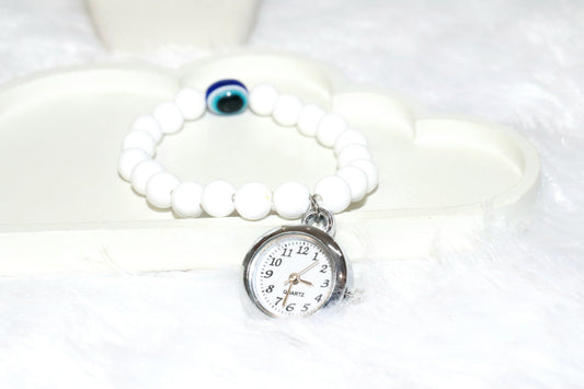 Evil Eye White Beaded Bracelet with Quartz Watch Charm