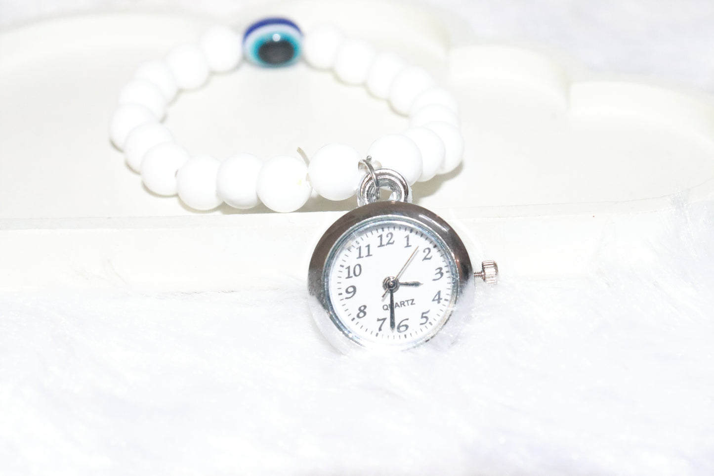 Evil Eye White Beaded Bracelet with Quartz Watch Charm
