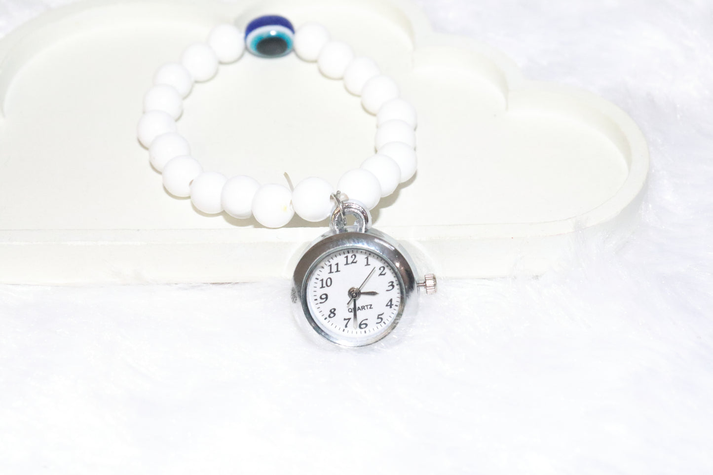 Evil Eye White Beaded Bracelet with Quartz Watch Charm