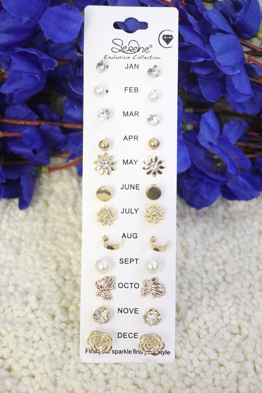12-Pair Gold & Crystal Stud Earrings Set – Monthly Exclusive Collection