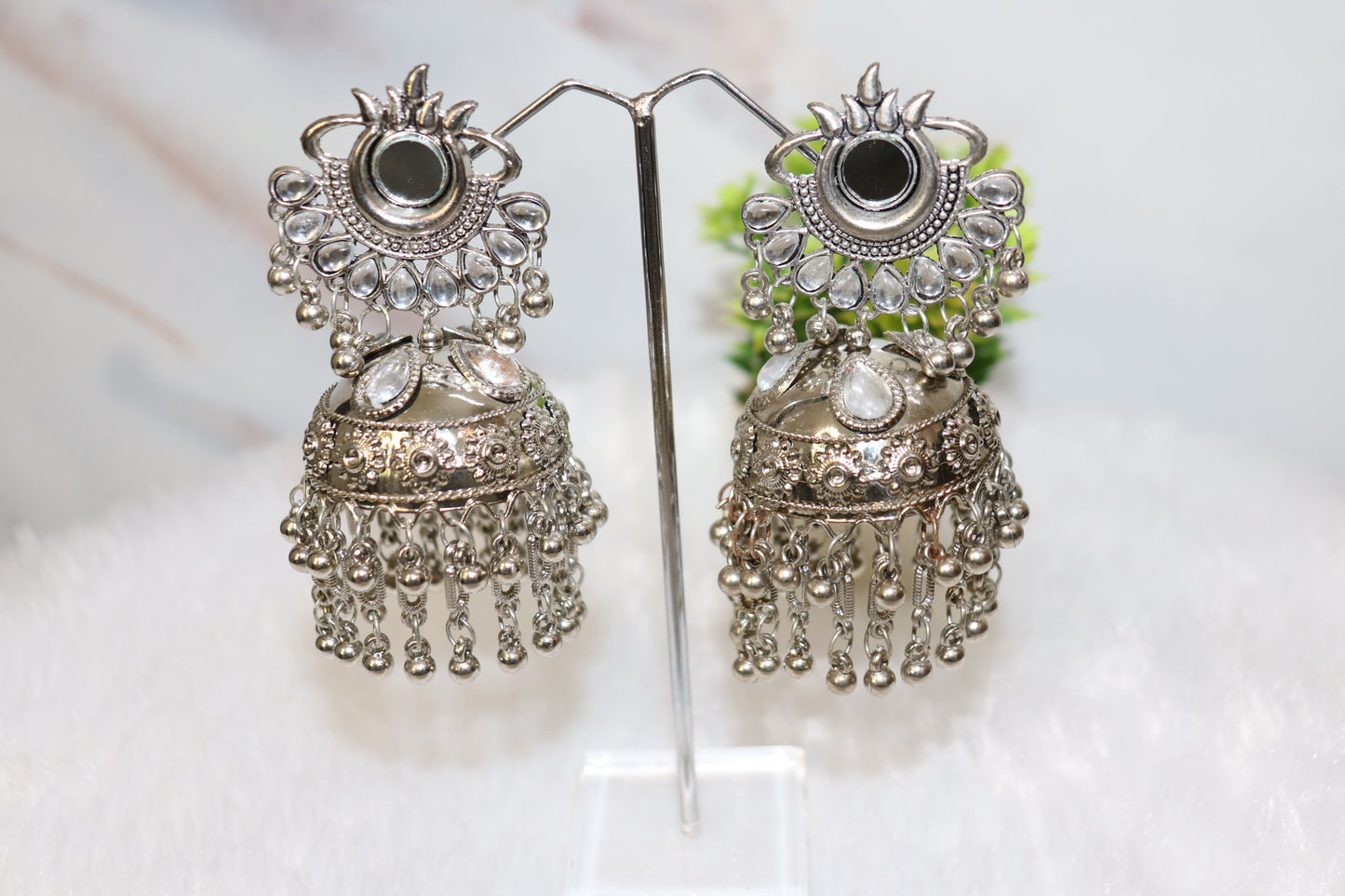 Royal Mirror-Work Oxidized Jhumka Earrings