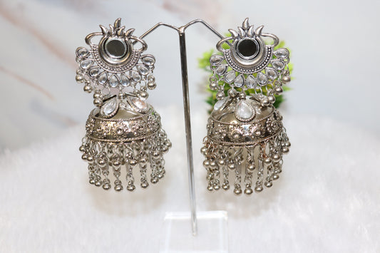 Royal Mirror-Work Oxidized Jhumka Earrings