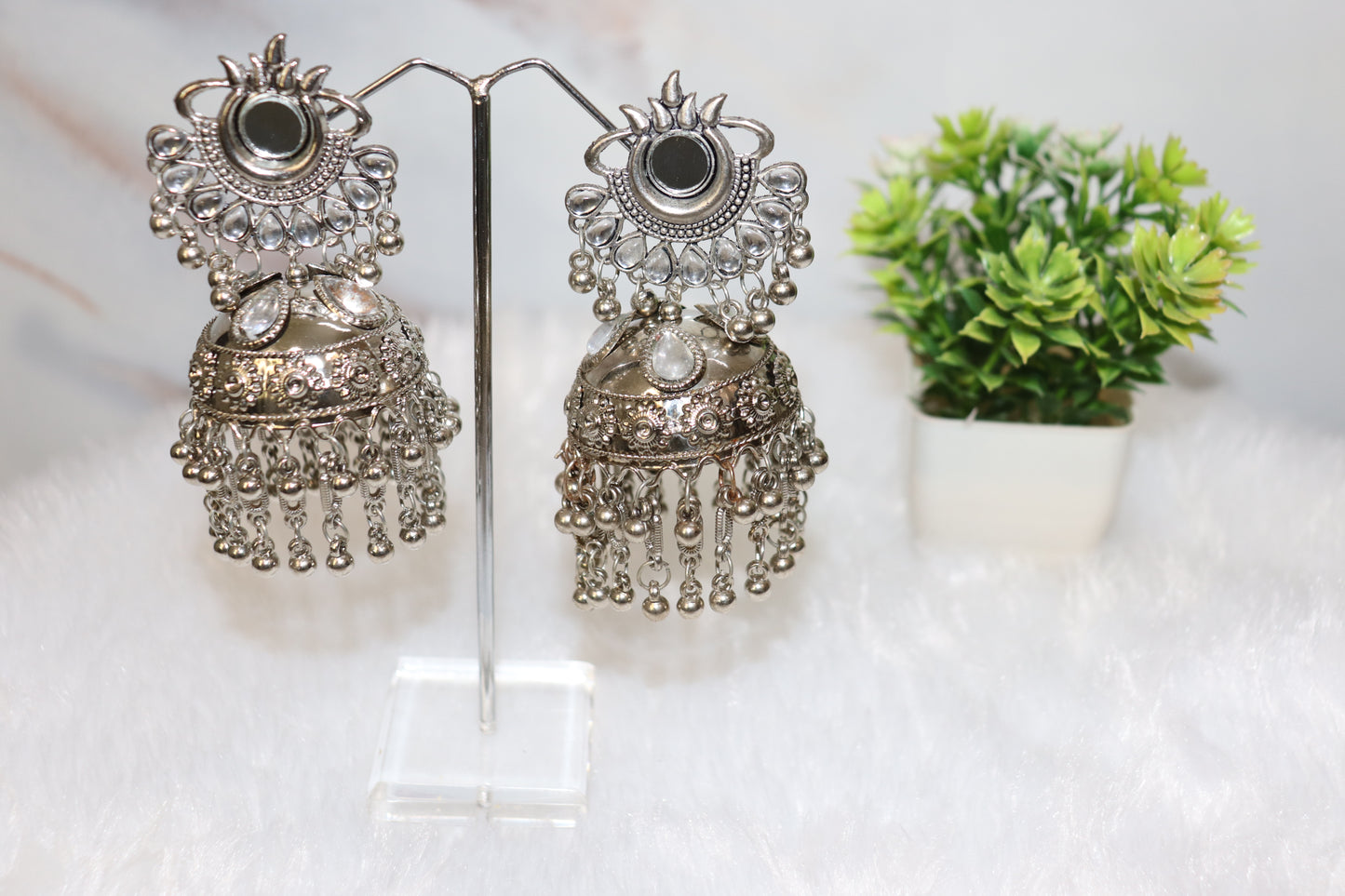 Royal Mirror-Work Oxidized Jhumka Earrings