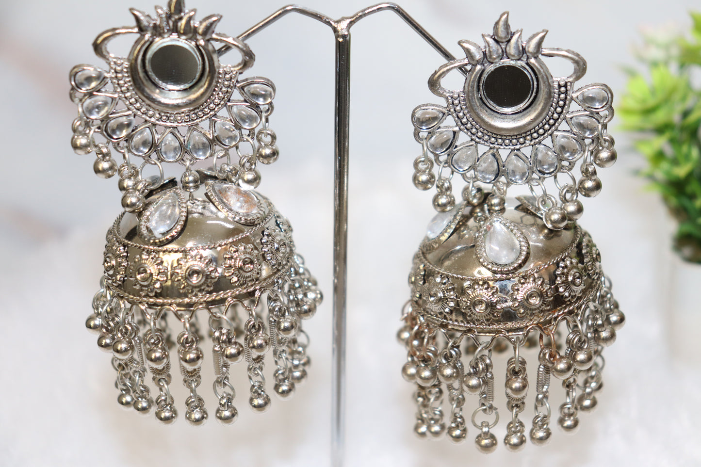 Royal Mirror-Work Oxidized Jhumka Earrings