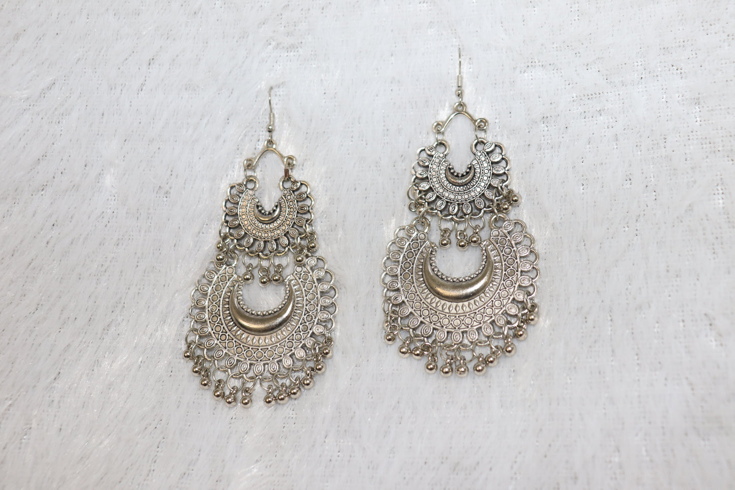 Antique Silver Oxidised Crescent Chandbali Earrings