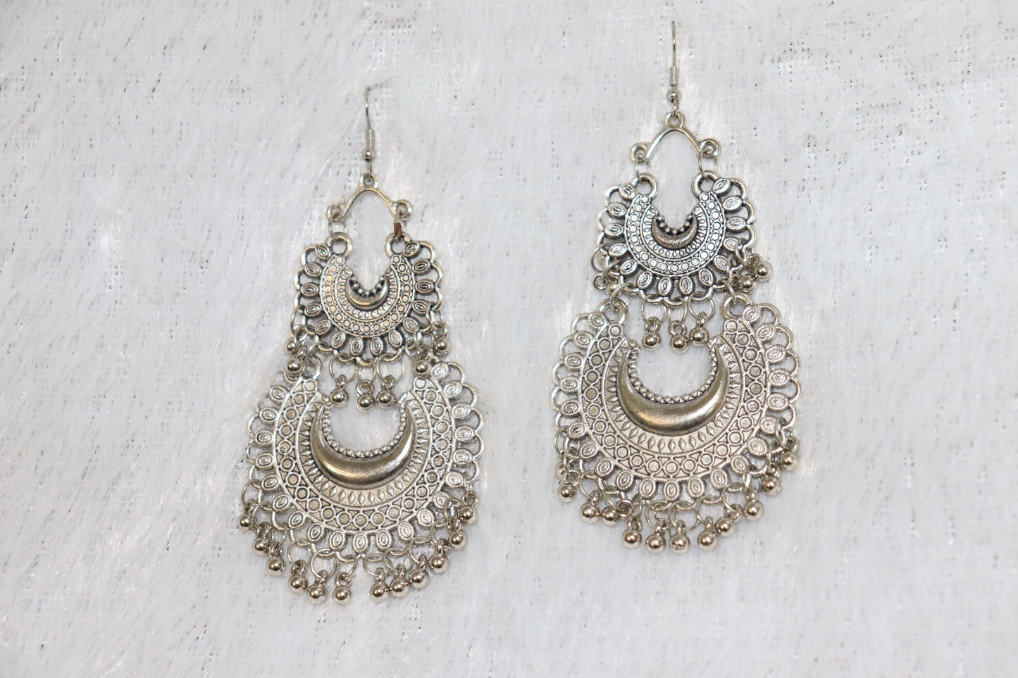 Antique Silver Oxidised Crescent Chandbali Earrings