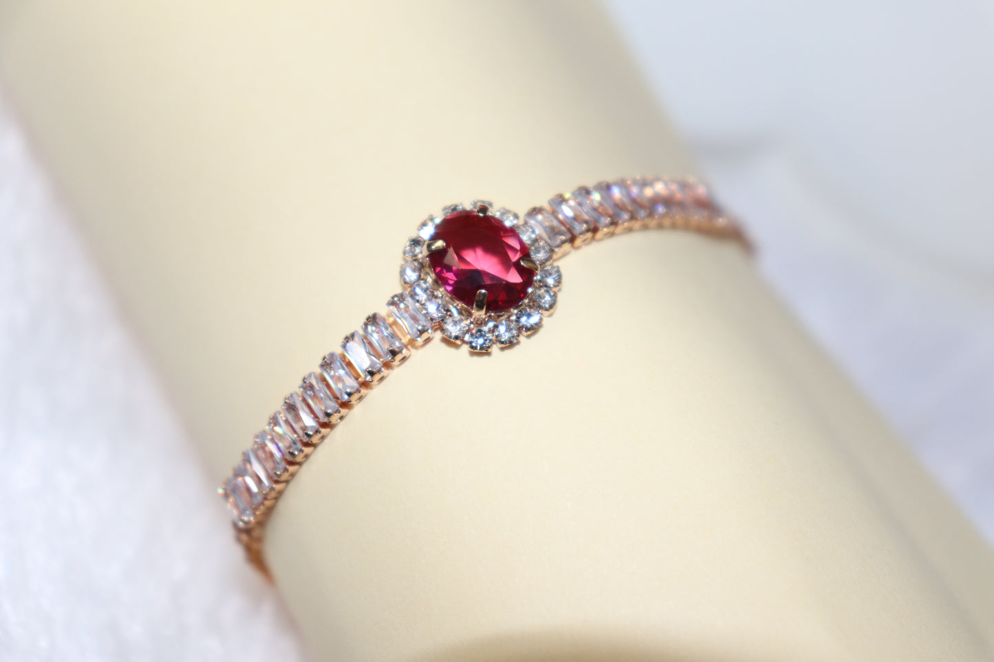 Ruby Red Stone Rose Gold Bracelet with CZ Accents