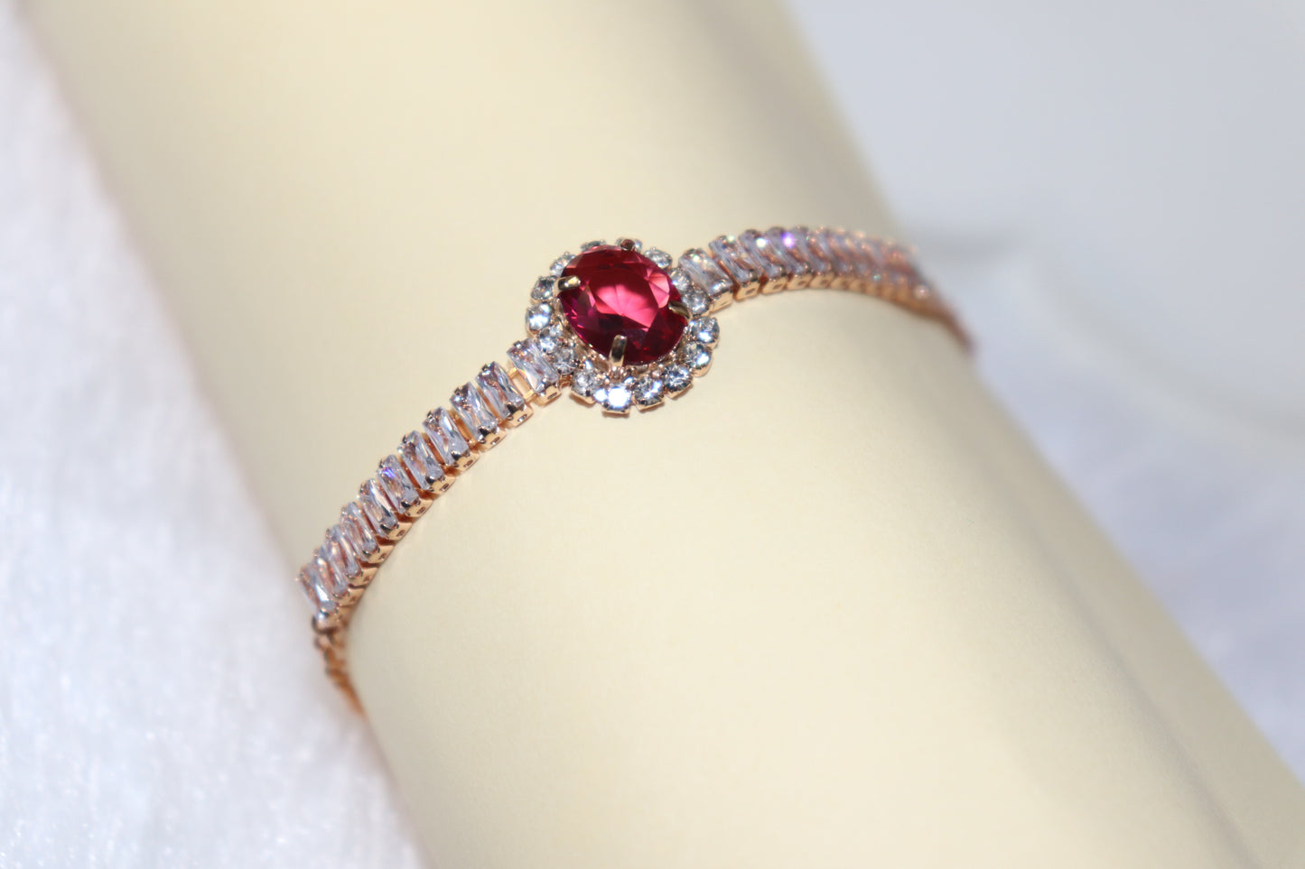 Ruby Red Stone Rose Gold Bracelet with CZ Accents