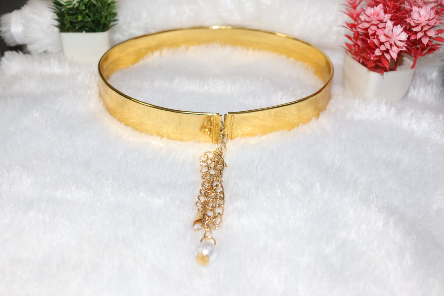 Gold Metal Waist Belt with Chain & Pearl Drop
