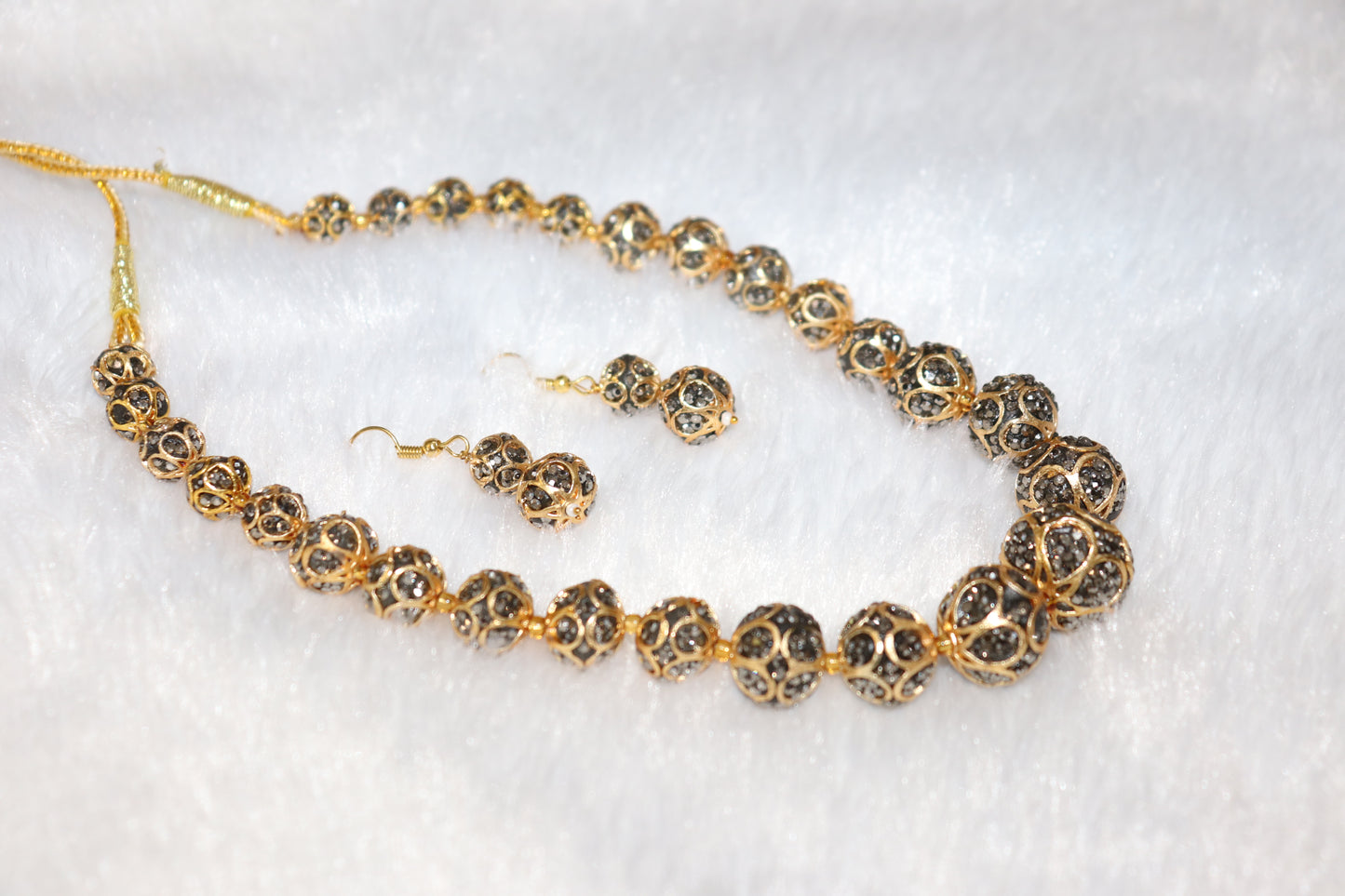 Antique Gold Crystal Sphere Necklace Set with Earrings