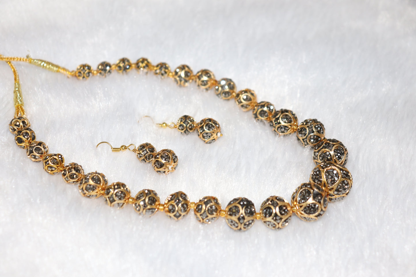 Antique Gold Crystal Sphere Necklace Set with Earrings