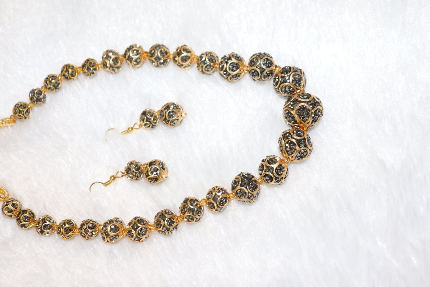 Antique Gold Crystal Sphere Necklace Set with Earrings